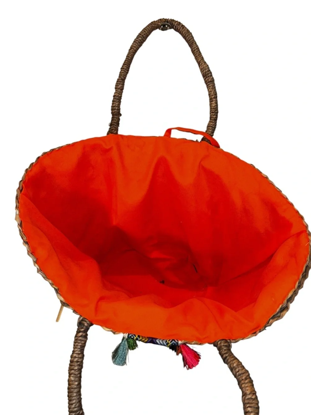 French Market straw tassels aztec band orange cotton lined basket tote bag purse